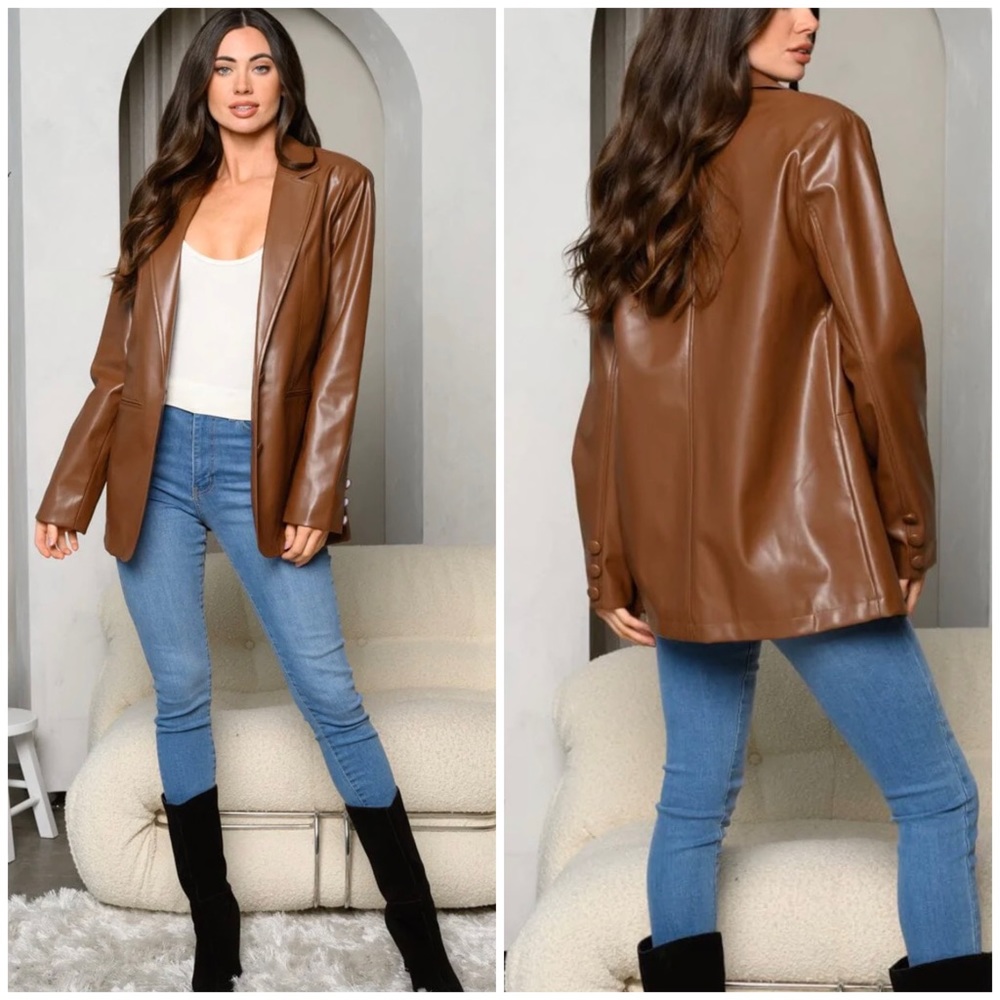 HYFVE Relaxed Fit Brown Pleather Blazer - Picture 3 of 5